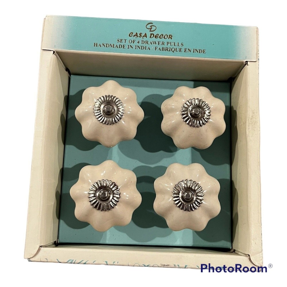 Casa Decor 4 Drawer Pulls Knobs Home Decor White Silver Handcrafted Ceramic New